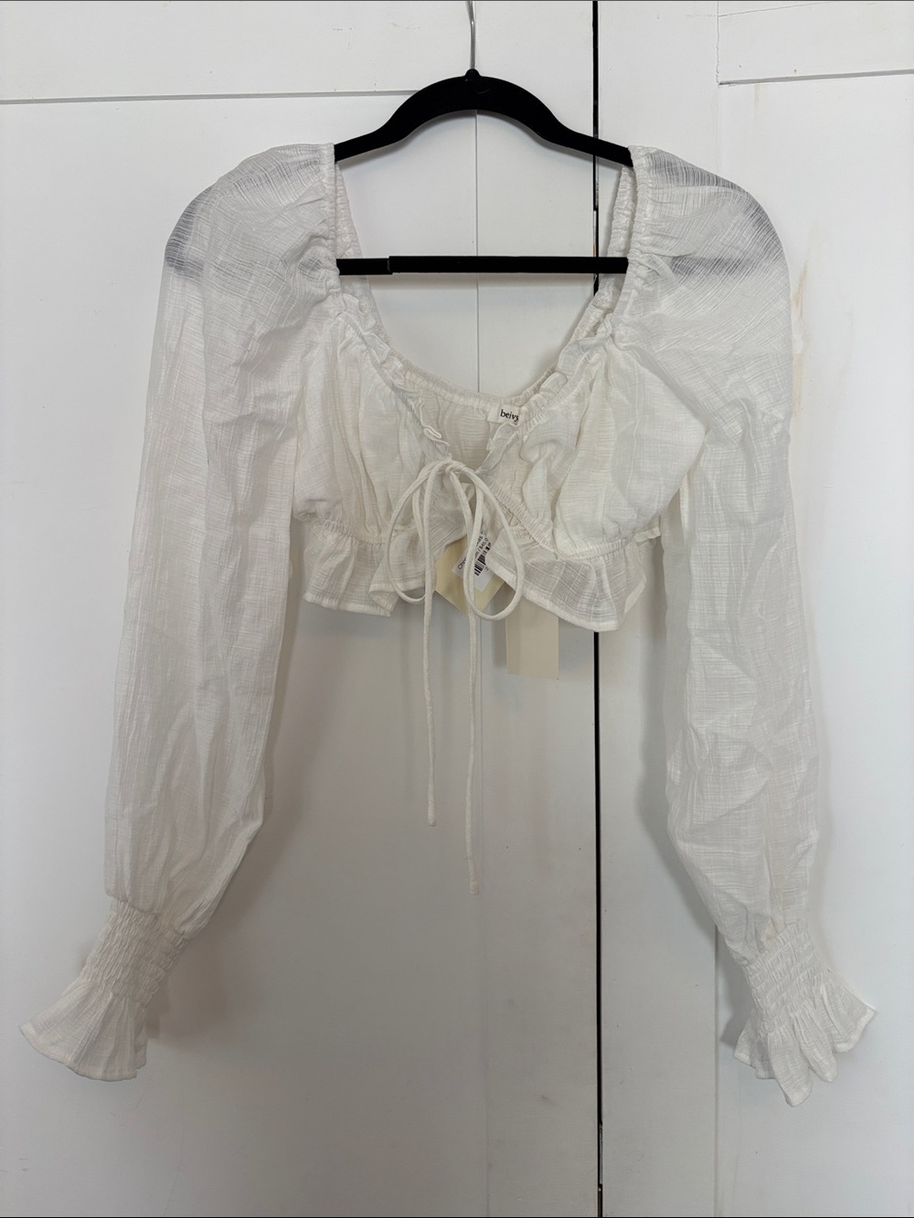 Cropped White Tie-Front Puff Sleeve Top